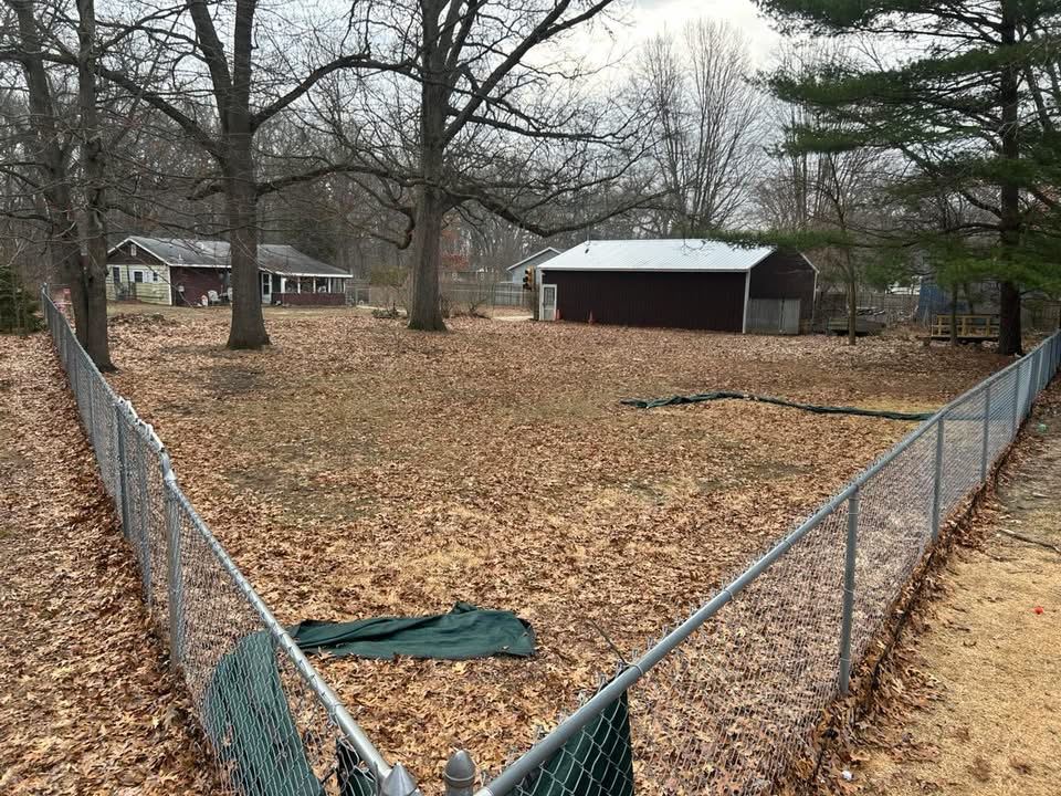 Before — fence line buried in fallen leaves